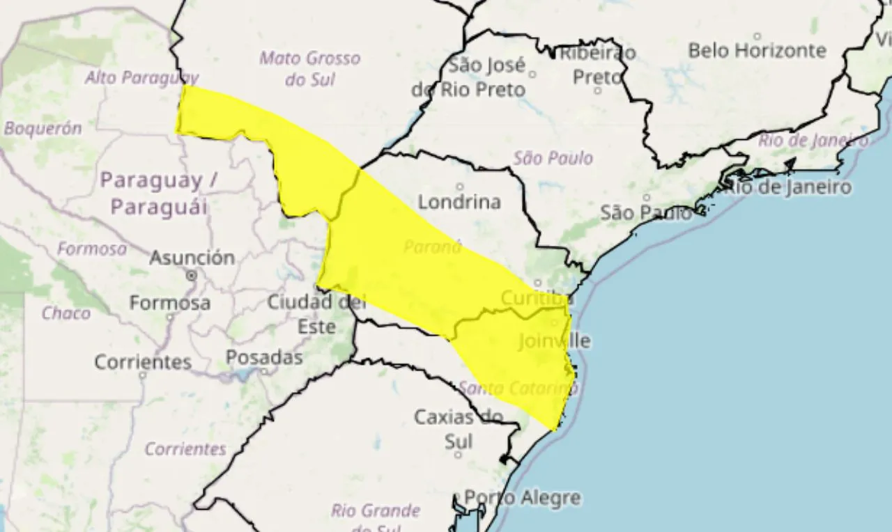 o mapa mostra as áreas em alerta para tempestade  e ventos